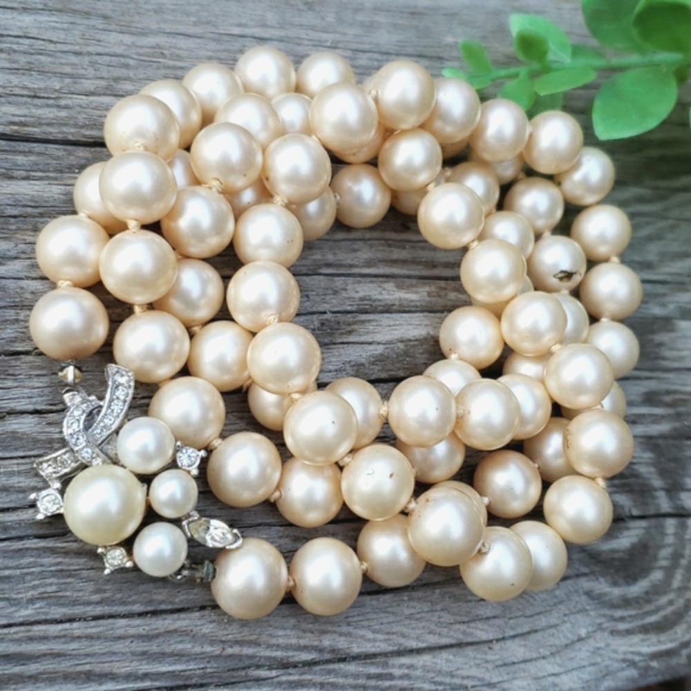 Gorgeous Vintage Marvella Pave Set Rhinestone Cream Pearl Long Sautoir Necklace - Picture 8 of 11